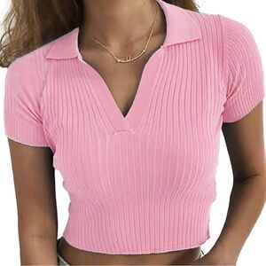 Forever 21 Pink Ribbed Crop Polo Blouse